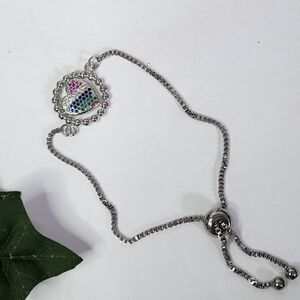 Stainless Steel Rolo Slide Bracelet Heart Multi Color Crystals